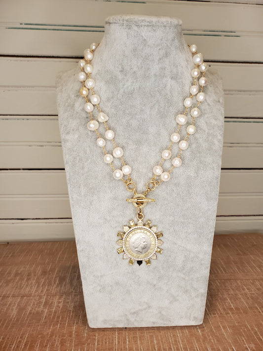 Pearl Toggle Necklace w/Queen Elizabeth II Coin