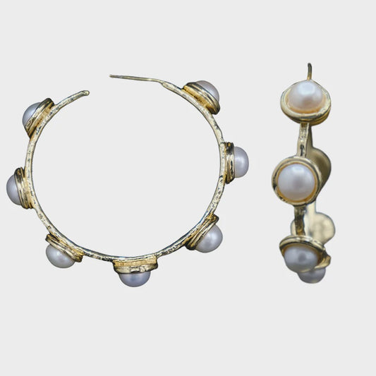 Bezel Hoop Pearl Earrings - Large