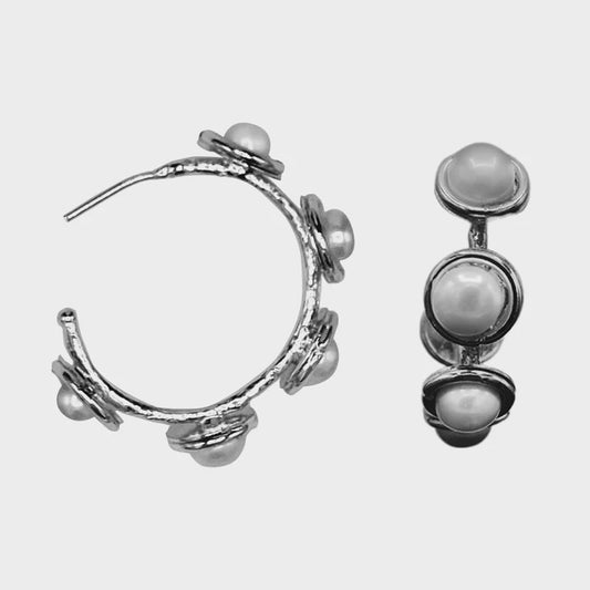 Bezel Pearl Hoop Earrings - Small