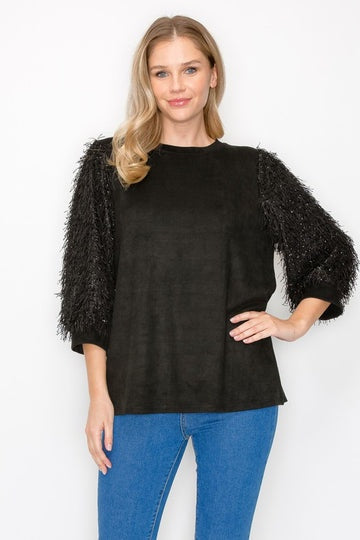 Joh. "Abby" Suede Top w/Feathered Sleeves (53099A)