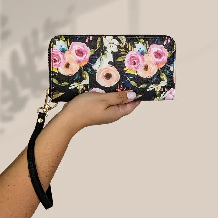 Wristlet Wallet: Floral on Black