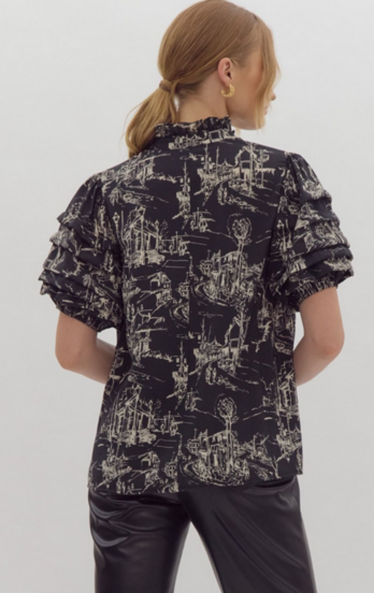 Entro Pintucked Sleeve Toile Print Top (T24657)