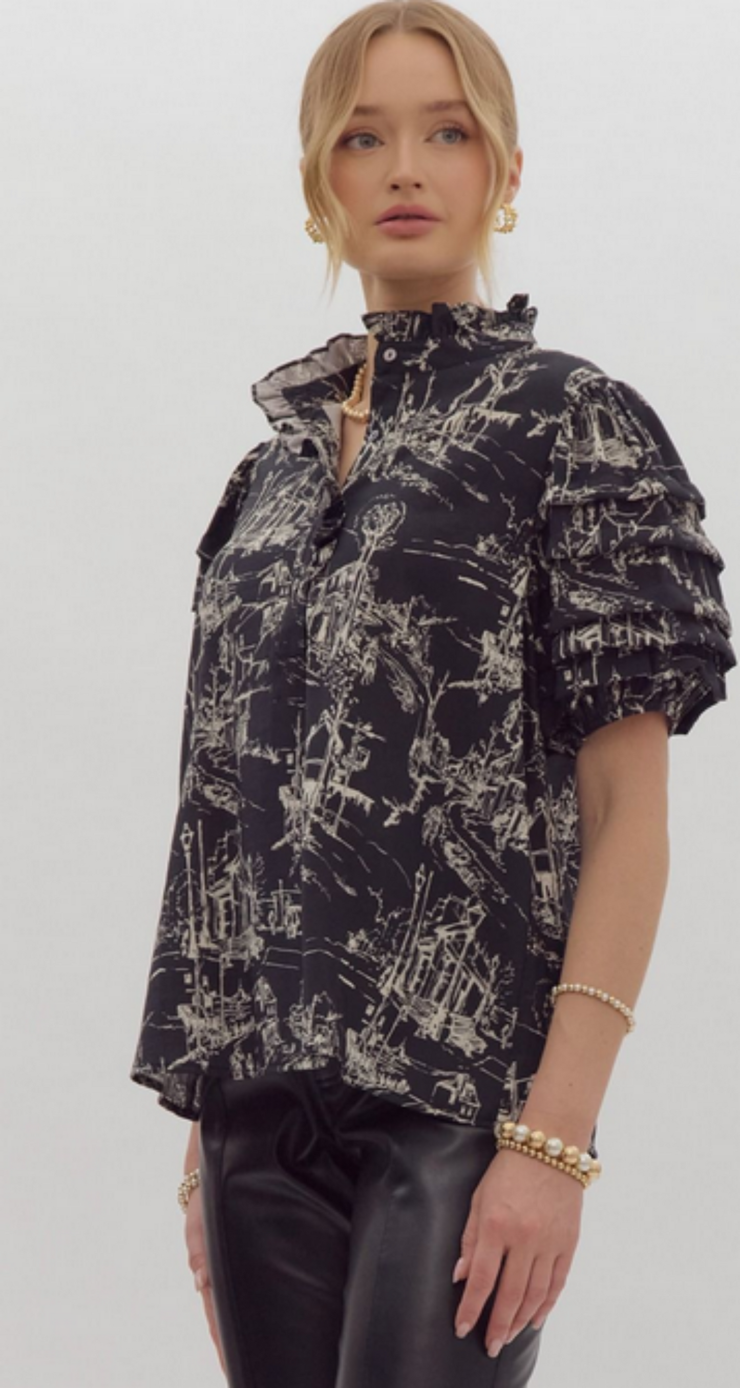 Entro Pintucked Sleeve Toile Print Top (T24657)