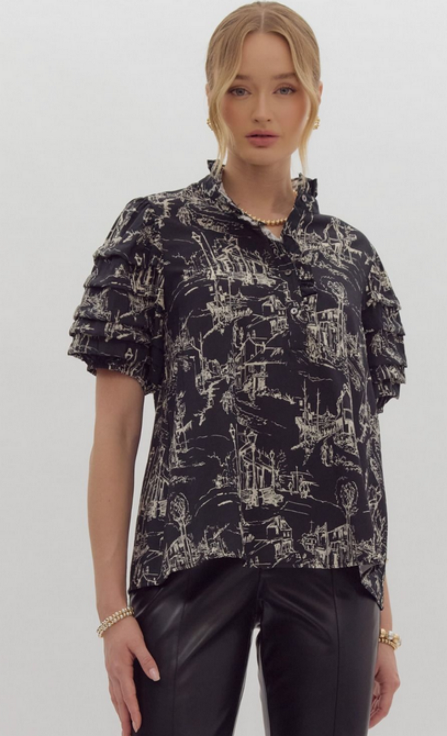 Entro Pintucked Sleeve Toile Print Top (T24657)