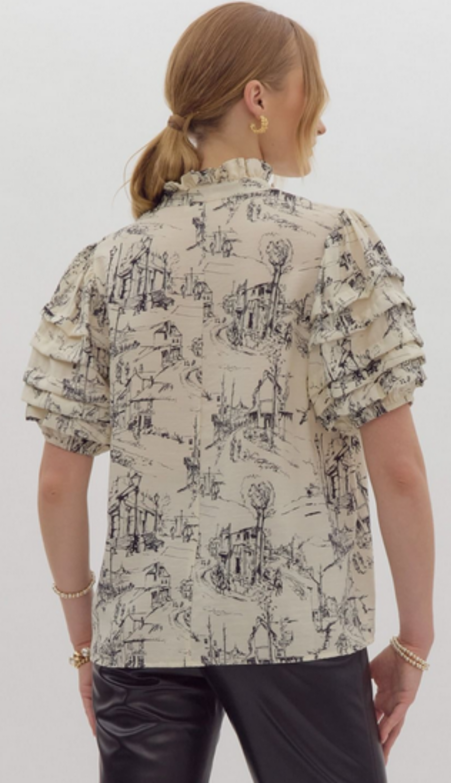 Entro Pintucked Sleeve Toile Print Top (T24657)