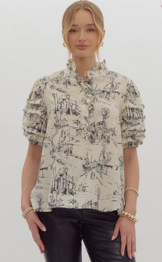 Entro Pintucked Sleeve Toile Print Top (T24657)