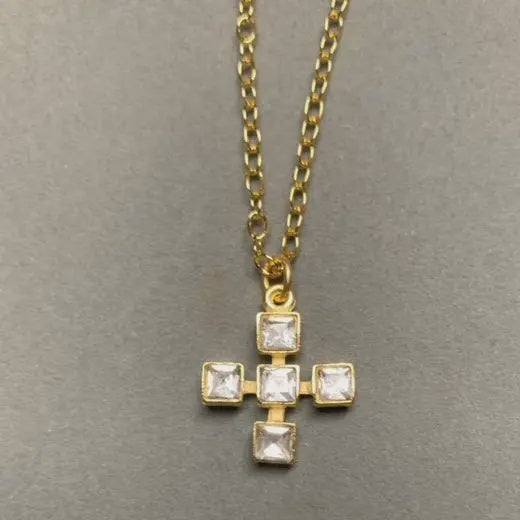 Square CZ Cross Gold Necklace