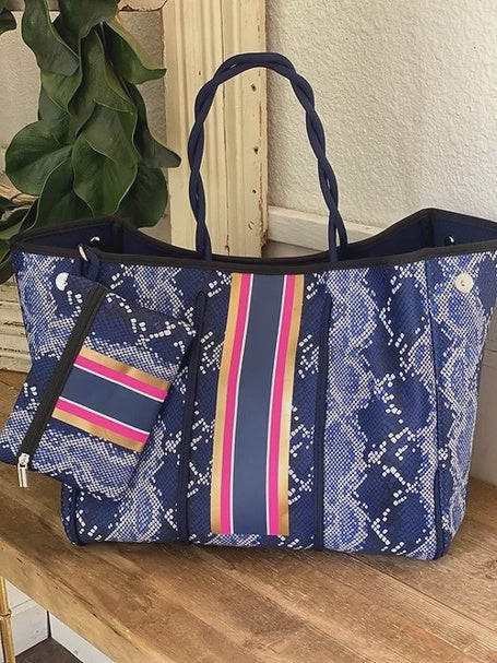 The Sarah Neoprene Tote  (Blue Snakeskin)